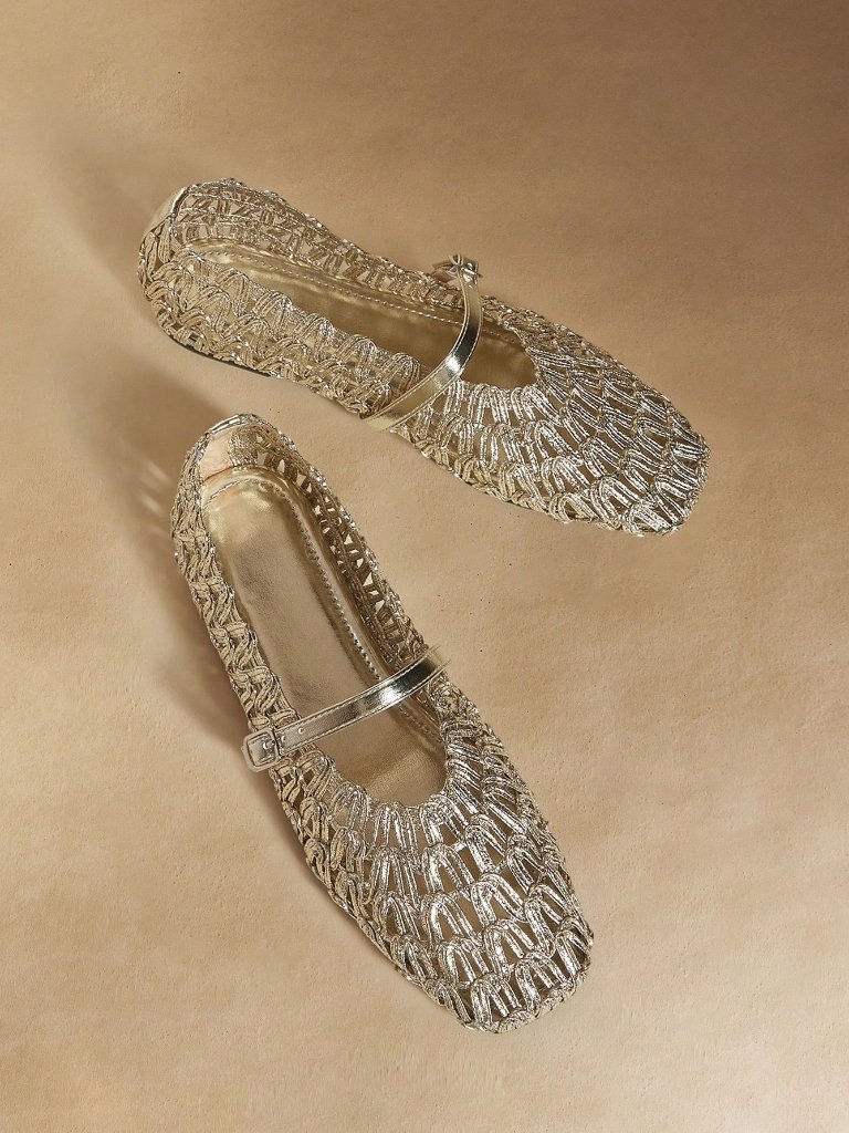 Gold Elegant Women's Handwoven Square Toe Flat Loafers